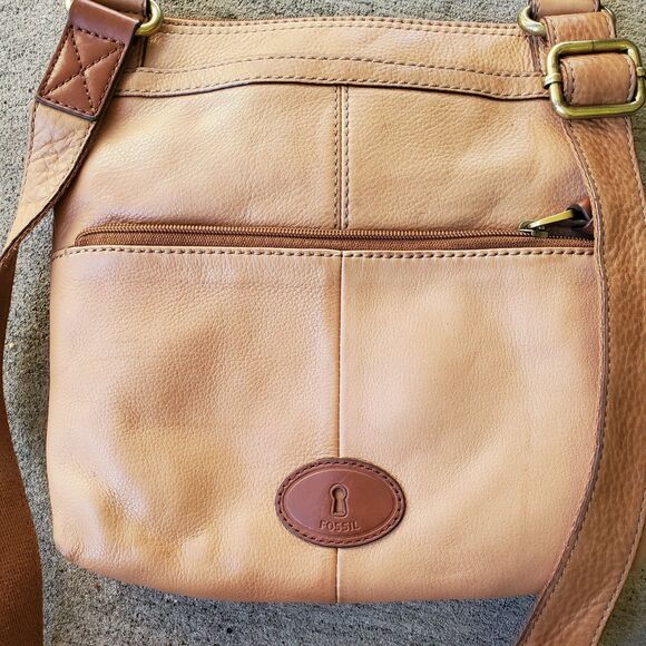 Fossil Morgan Traveler Crossbody Bag Tan Pebbled Leather Top Zip - Picture 8 of 8